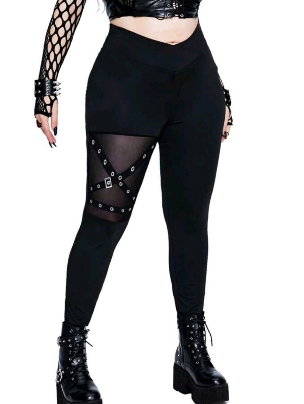 Black Gothic Mesh-Strap High-Waist Leggings